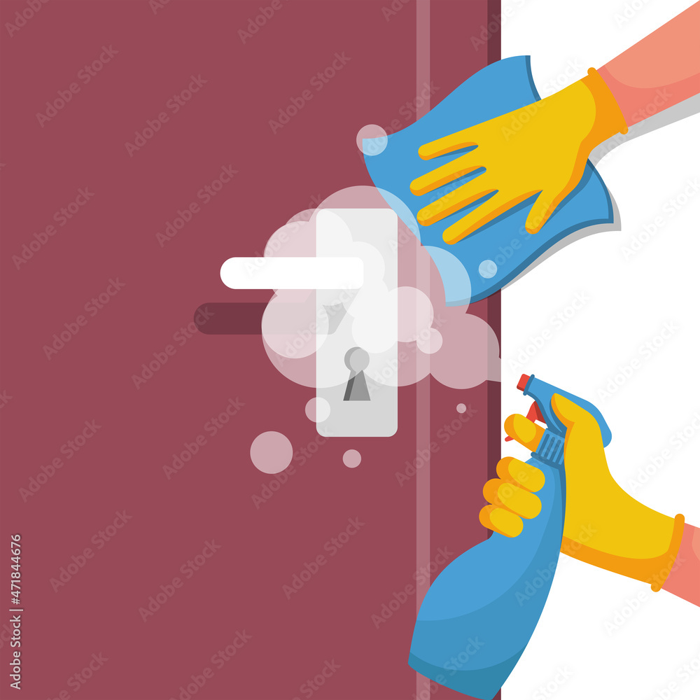 Close-up disinfection of door handles. Napkin in hand. Spraying disinfectant alcohol to handle of a door. Vector illustration flat design. Prevention concept. Controlling epidemic of coronavirus. Close-up disinfection of door handles. Napkin in hand. Spraying disinfectant alcohol to handle of a door. Vector illustration flat design. Prevention concept. Controlling epidemic of coronavirus.