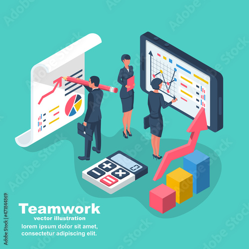 Team of businesswoman is working on data analysis. Brainstorming concept. Business concept. Strategy planning project. Marketing research. Vector illustration isometric design. Landing page.