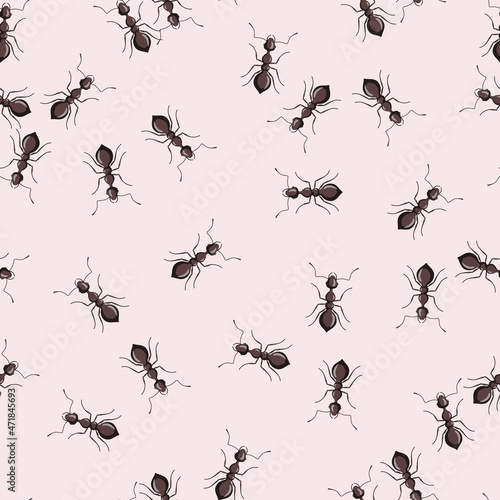 Seamless pattern colony ants on pink background. Vector insects template in flat style for any purpose. Modern animals texture.