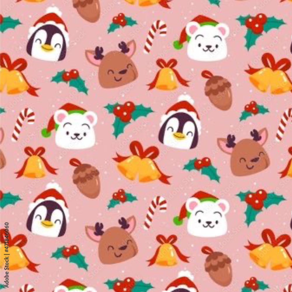 Christmas seamless patterns set with gingerbread, Christmas traditional pinguins, deers , polar bears, bells and nuts, seasonal winter design