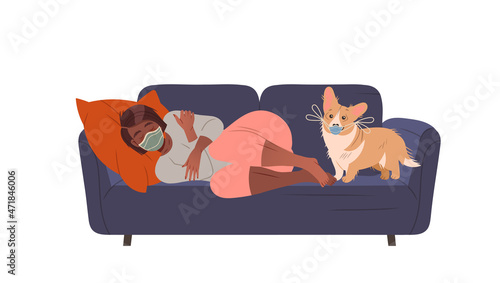 Infected girl in protective mask lying on sofa. Woman staying at home with self quarantine due to Covid 19 Pandemic vector illustration