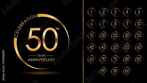 Set of birthday logotype and gold ring. Gold birthday celebration emblem design for booklet, leaflet, magazine, brochure poster, web, invitation or greeting card. Vector illustration. EPS 10