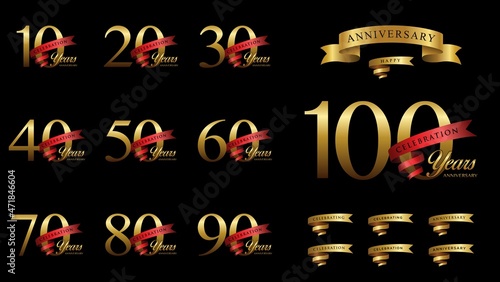 Set of anniversary logotype with red ribbon. Golden anniversary celebration emblem design for booklet, leaflet, magazine, brochure poster, web, invitation or greeting card. Vector illustration.
