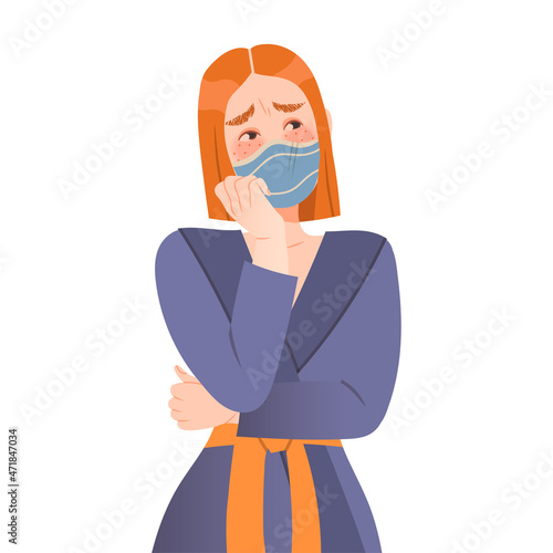 Depressed girl in protective mask staying at home with self quarantine. Compelled Isolation due to Covid 19 Pandemic vector illustration