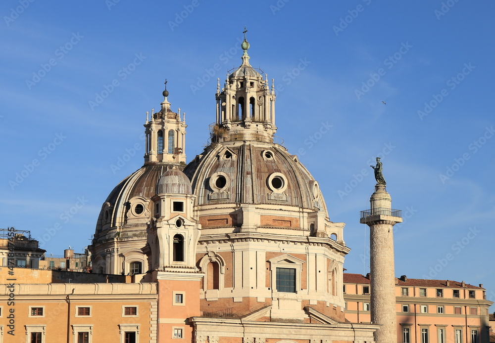 Santa Maria di Loreto Church Exterior View with Trajan Column, in Rome, Italy