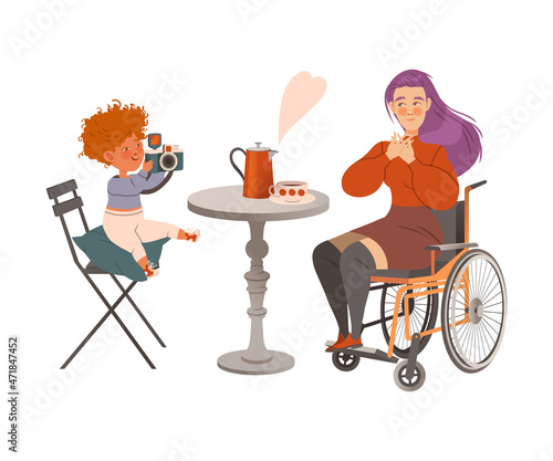 Mom and son sitting at table in cafe or restaurant. Mother sitting in wheelchair, son photographing her vector illustration