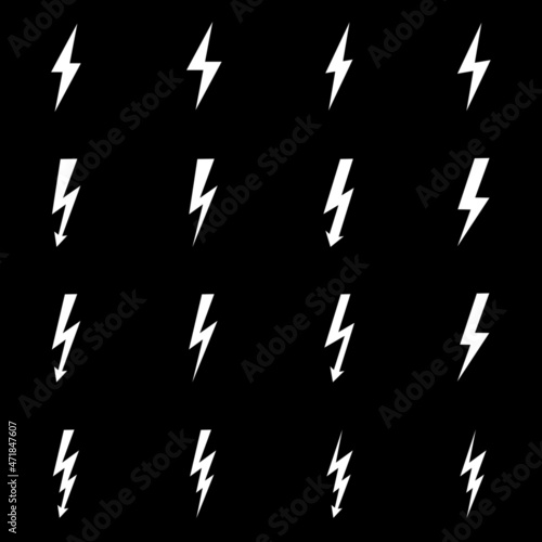Set of icons representing lightning bolt  lightning strike or thunderstorm. Suitable for voltage  electricity and power signs. Vector Illustration