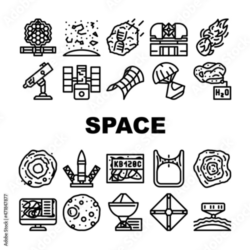 Space Researchment Equipment Icons Set Vector. Hubble Telescope Tool And Virtual Planetarium, Launch Rocket And Space Capsule, Spectral Analysis Of Stars And Planets Black Contour Illustrations