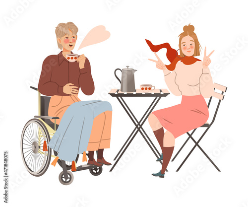 Couple sitting at table in cafe or restaurant. Friends talking, eating and drinking at cafeteria. Man sitting in wheelchair vector illustration