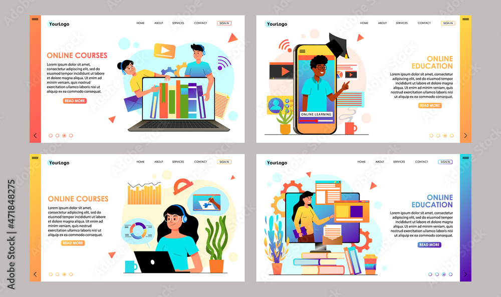 Online education, e-learning design concept set. Young people teaching, training or learning in online educational courses, university, school use laptop, computer, smartphone. Vector illustration Online education, e-learning design concept set. Young people teaching, training or learning in online educational courses, university, school use laptop, computer, smartphone. Vector illustration