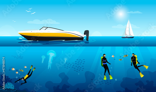 Scuba divers swim under light blue water of sea, ocean exploring bottom of coral reef, jellyfishes, fishes in background. Motorboat on cover of water, sailboat in horizon. Vector illustration photo