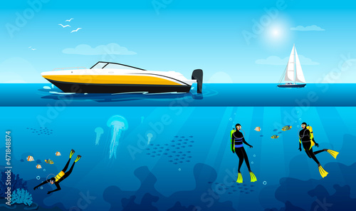 Scuba divers swim under light blue water of sea, ocean exploring bottom of coral reef, jellyfishes, fishes in background. Motorboat on cover of water, sailboat in horizon. Vector illustration