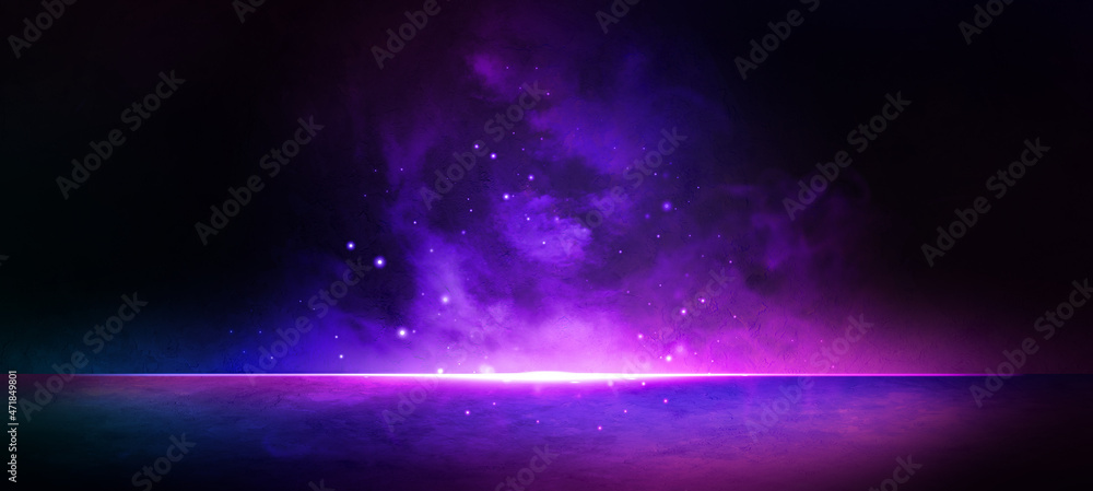 Background of empty room with spotlights and lights, abstract purple
