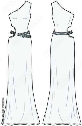 One shoulder maxi party dress with belt, bridal dress, Front and Back View. Fashion Illustration, Vector, CAD, Technical Drawing, Flat Drawing.