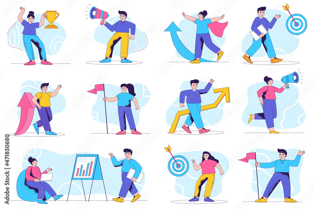 Leadership concept isolated person situations. Collection of scenes with people achieve business goals, develop career, target, win and receive trophy. Mega set. Vector illustration in flat design