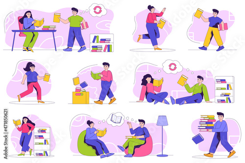 Bookcrossing concept isolated person situations. Collection of scenes with people reading books, exchanging, borrowing and recommend different literature. Mega set. Vector illustration in flat design