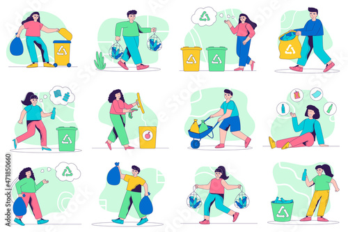 Waste management concept isolated person situations. Collection of scenes with people collect garbage, sort different types of trash at bins, recycling. Mega set. Vector illustration in flat design