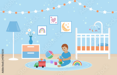 Baby playing with toys in bedroom. Nursery room interior. White crib with carousel for child. Decorations on wall and toys on floor. Vector flat illustration