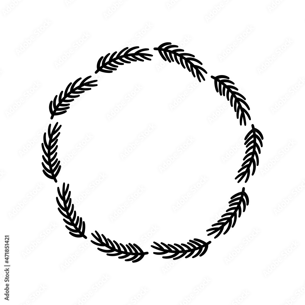 Hand-drawn wreath on white background. Black plant doodle wreath. Hand-drawn wreath on white background. Black plant doodle wreath.
