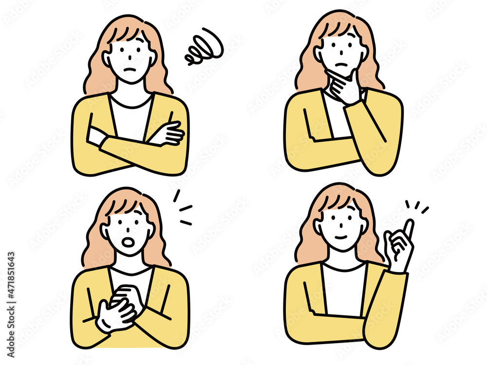 疑問と問題の解決を表情で表す女性のイラスト(ソーシャルメディア、発見、若者、閃き、考える、理解する、悩む) An illustration of a woman who expresses her doubts and problem solving with her expression.Social media, discovery, youth, thoughts, worries. 疑問と問題の解決を表情で表す女性のイラスト(ソーシャルメディア、発見、若者、閃き、考える、理解する、悩む) An illustration of a woman who expresses her doubts and problem solving with her expression.Social media, discovery, youth, thoughts, worries.