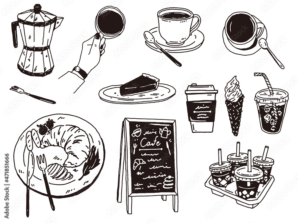白黒 モノトーン 線画のイラスト 手書き ミルク カフェ ランチ コーヒー デザート Black And White Monotone And Line Drawing Illustrations Handwritten Milk Cafe Lunch Coffee Dessert Stock Vector Adobe Stock