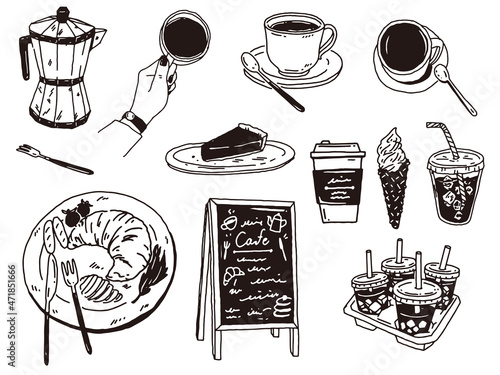 白黒、モノトーン、線画のイラスト(手書き、ミルク、カフェ、ランチ、コーヒー、デザート) Black-and-white, monotone, and line drawing illustrations.Handwritten, milk, cafe, lunch, coffee, dessert.