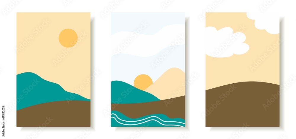 Simple vector set of posters in flat style. For print, template, brochure and cover. Calm round shapes. Minimalistic design. Various landscapes, nature. Mountains and sea, hills, clouds in the sky.