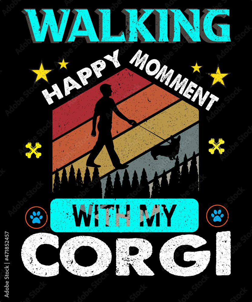 walking happy moment with my corgi vintage t-shirt design