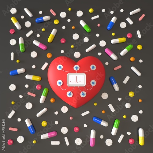 Toy heart with holter and sensors, pills on a dark gray background. 3d rendering