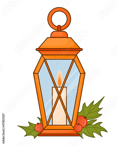 Christmas old lamp with a candle inside, a burning fire in a flat style. Vector lantern isolated on white background. Lamp, lighting fixture, home comfort, vector object drawing on white background