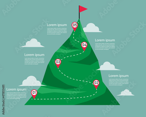 business mountain with flag on top infographic with option. business and achievement concept. Business strategy to success. climbing route to goal. Path to top mountain peak. vector illustration.