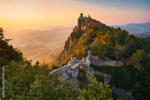 San Marino in golden morning light at sunrise