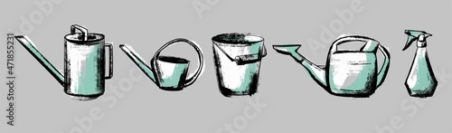 A set of illustrations for watering plants, watering can bucket sprayer. Illustration in the style of careless sketch and scrapbooking. Vector on an isolated background.