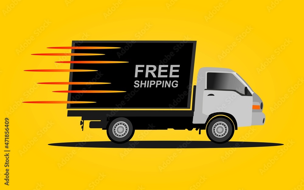 White and black Van with text Free Shipping with speed symbol stripes on yellow background White and black Van with text Free Shipping with speed symbol stripes on yellow background