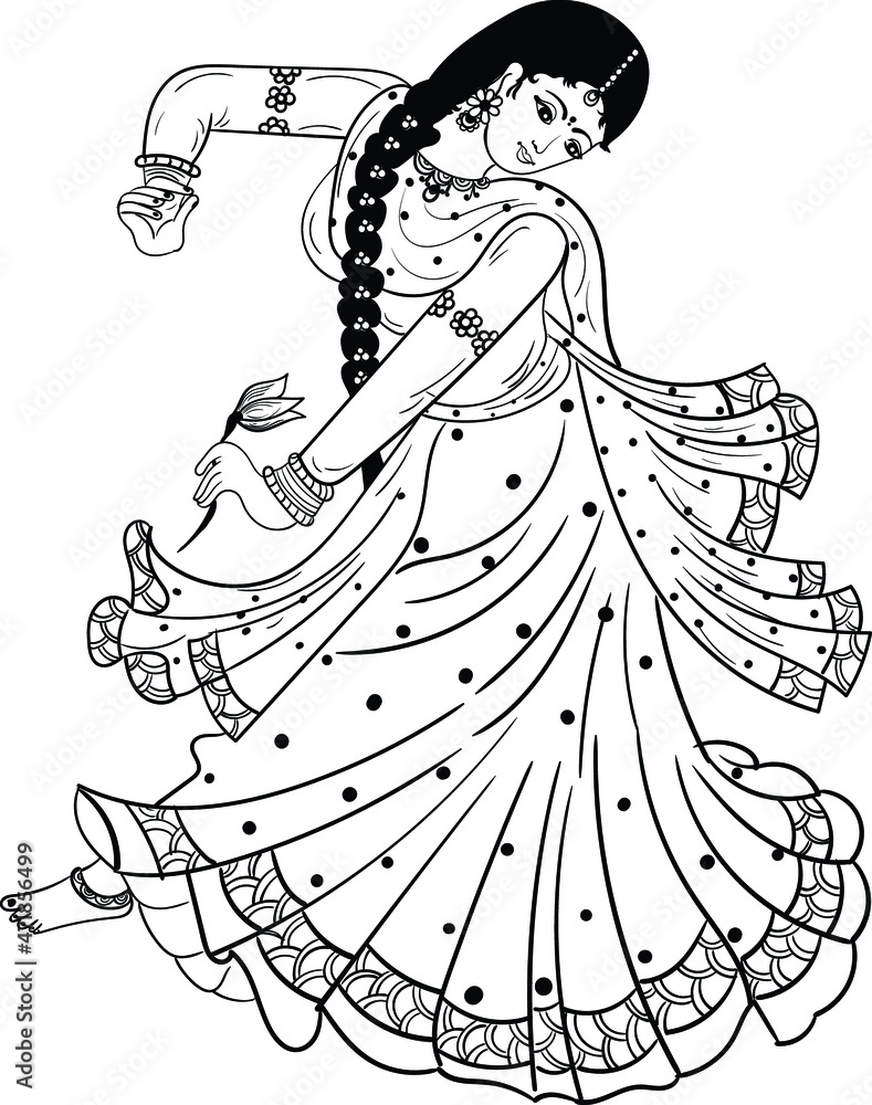 Indian Women Dancing Traditional Indian Dance Katthak Vector Line Art