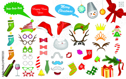 Big New Year sticker pack.Masquerade masks.Photo Booth Props and Scrapbooking Vector Set for New Year party. Christmas colorful element set for holiday design.