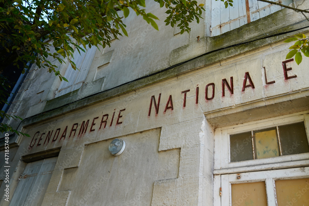Gendarmerie means military police sign text on french facade old ancient building Gendarmerie means military police sign text on french facade old ancient building