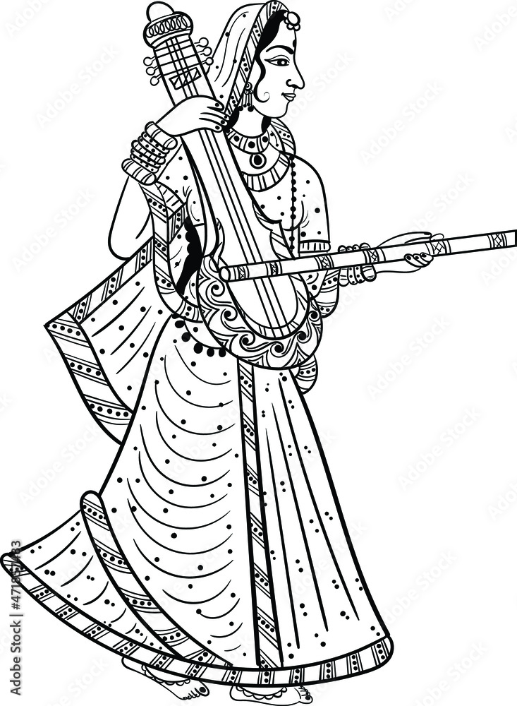 Indian wedding clip art of woman playing sitar with hands, black and