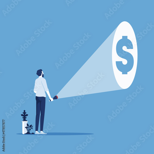 businessman with flashlight and searching dollar sign, business investment vector concept