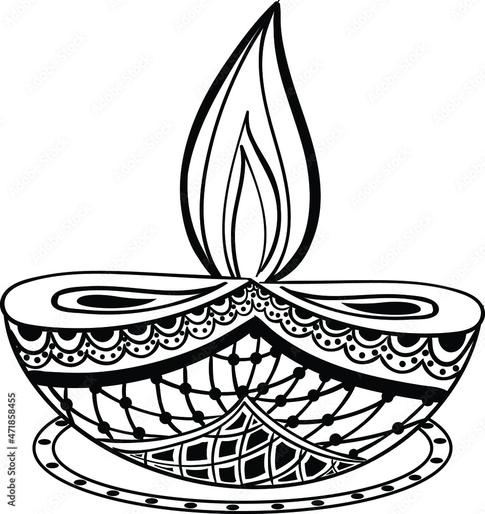 Decorative Diyadeepak Symbol With Henna Design Vector Black And White
