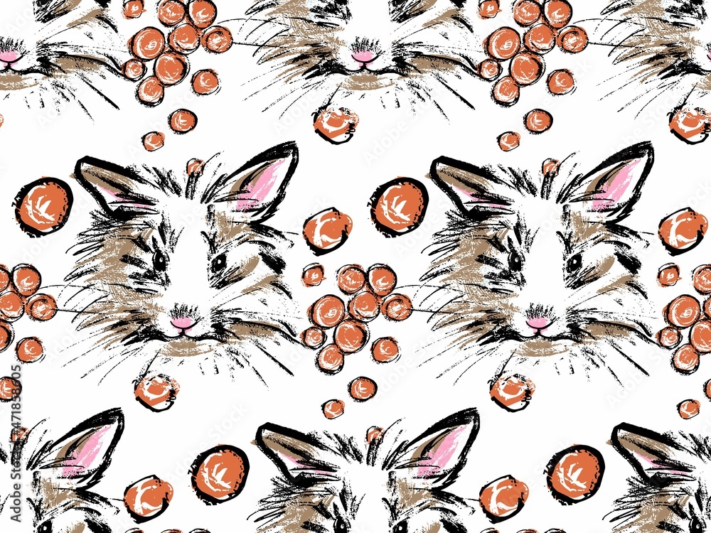 Seamless pattern. A white fluffy rabbit portrait with a carrot on a white background. Illustration in the style of a careless rural sketch by hand. Vector.