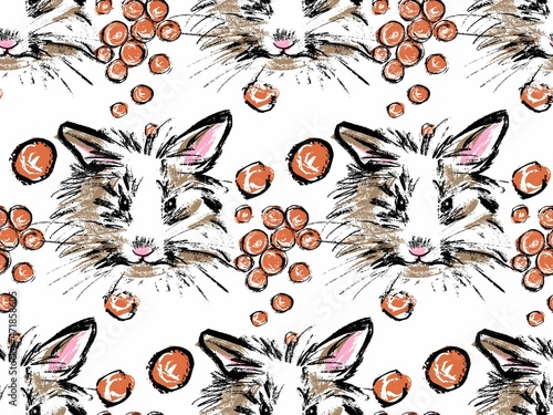 Seamless pattern. A white fluffy rabbit portrait with a carrot on a white background. Illustration in the style of a careless rural sketch by hand. Vector.