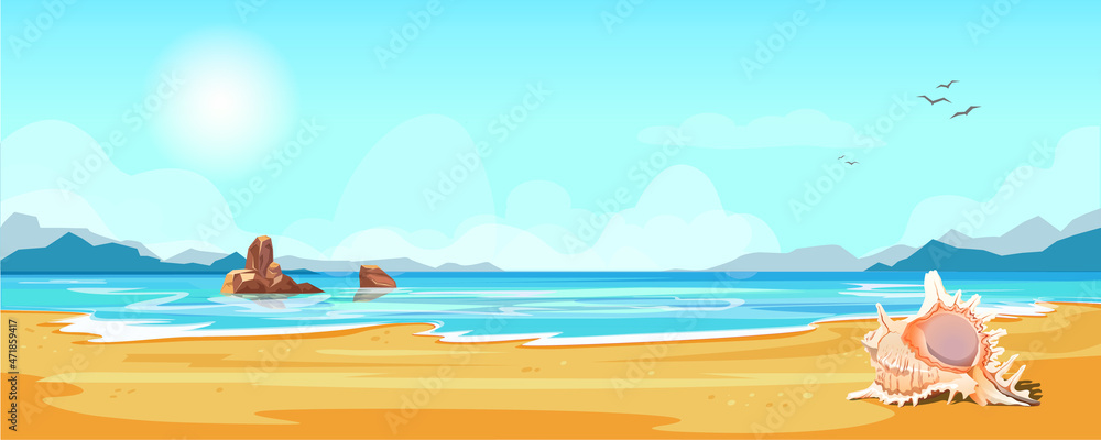 Calm summer day seascape, blue marine beach landscape, seashell on sand, rocks in water, mountains in background. Sunny weather on sea, ocean shore. Lagoon panoramic horizon view. Vector illustration 