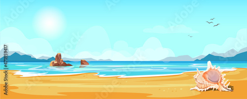 Calm summer day seascape, blue marine beach landscape, seashell on sand, rocks in water, mountains in background. Sunny weather on sea, ocean shore. Lagoon panoramic horizon view. Vector illustration 
