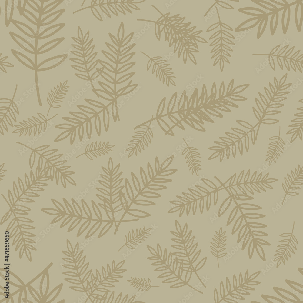 Beige branches with leaves and flowers simple drawing seamless pattern on beige background