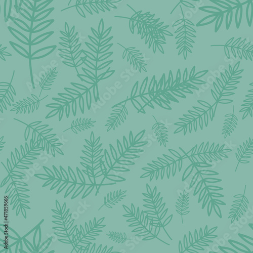 Blue- green branches with leaves and flowers simple drawing seamless pattern on Blue- green background