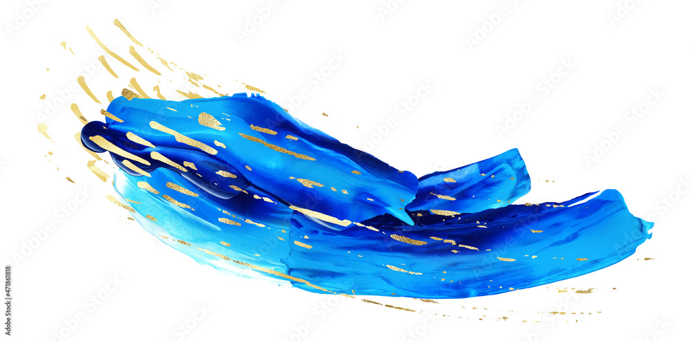 Blue and golden glitter acrylic swash on white background. Paint smear poster composition