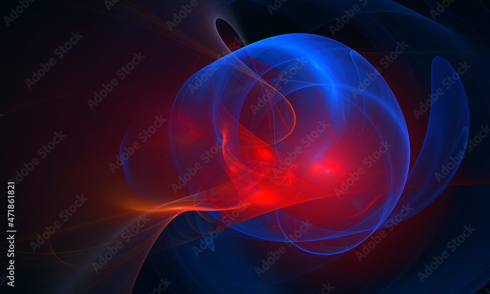 Magic and fantastic 3d plasma substance, energy motion or astral flow in intense red blue colors in deep dark space. Rotating smoke, tongues of flames, fluid or liquid magic matter. Great for design.