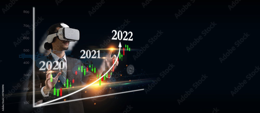 Vr Graph businessman wearing VR virtual reality headset hand touching visual ...