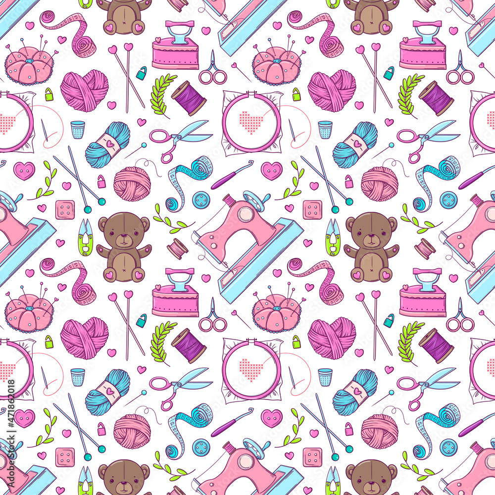 Vector seamless pattern with objects for sewing, knitting and hand craft in doodle style Vector seamless pattern with objects for sewing, knitting and hand craft in doodle style